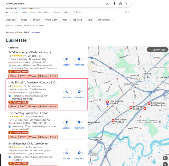LE Academy #1 SERP Ranking Child Care Edison